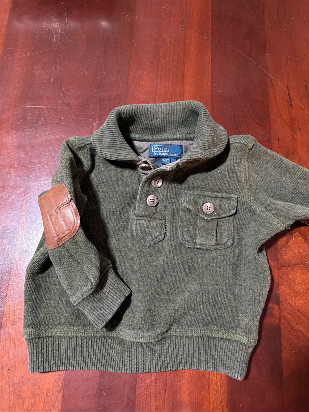Polo by Ralph Lauren Olive Green Knit Pullover Jacket with Elbow Patch